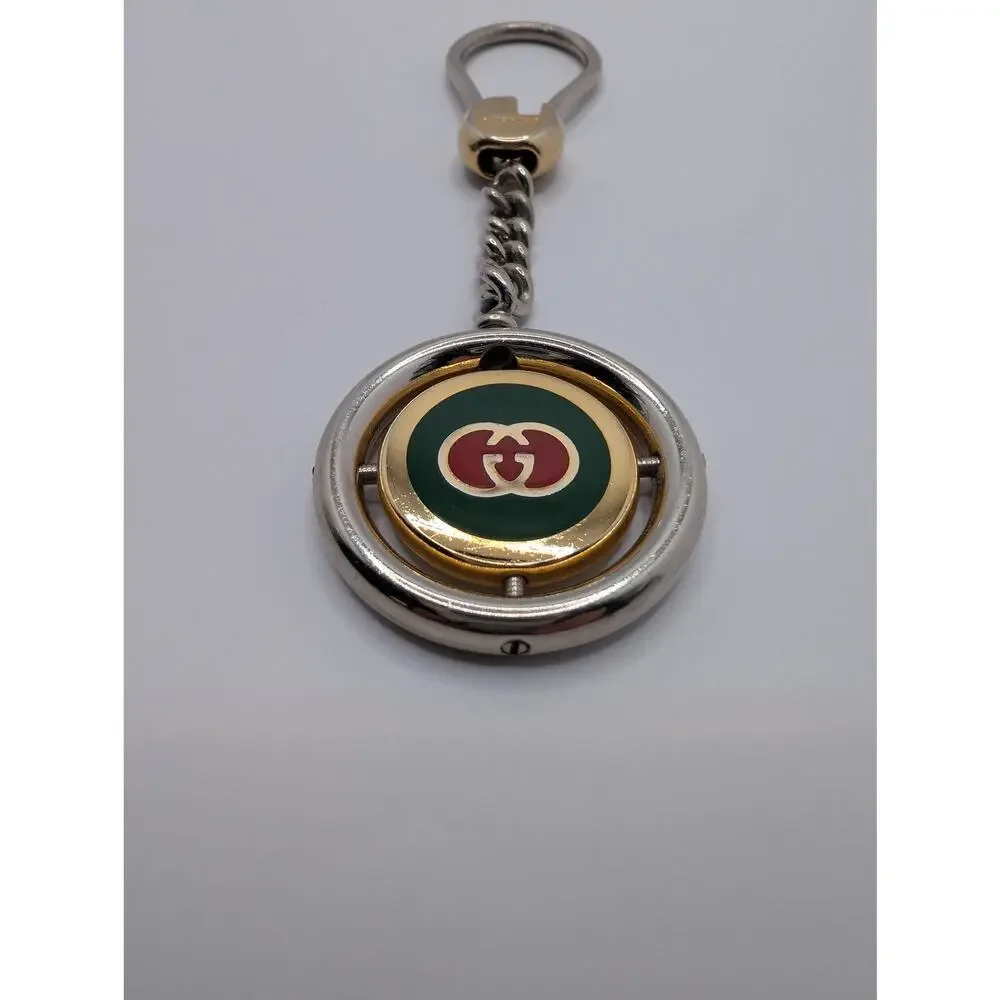 Vintage Gucci Round GG Enamel Keychain Two-Tone Green Red Made in Italy